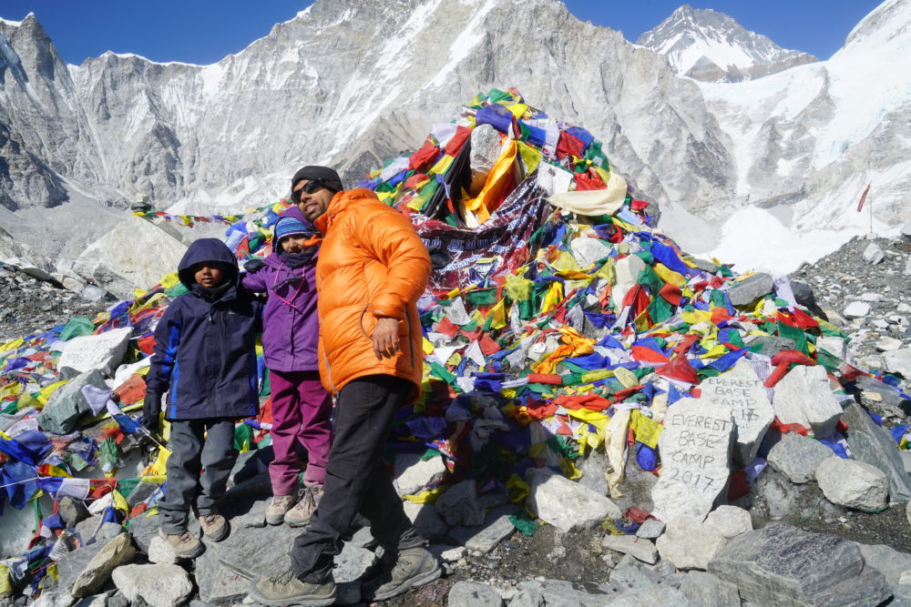Two courageous children, 6 years and 8 years, successfully walk up to the base camp of Mt. Everest